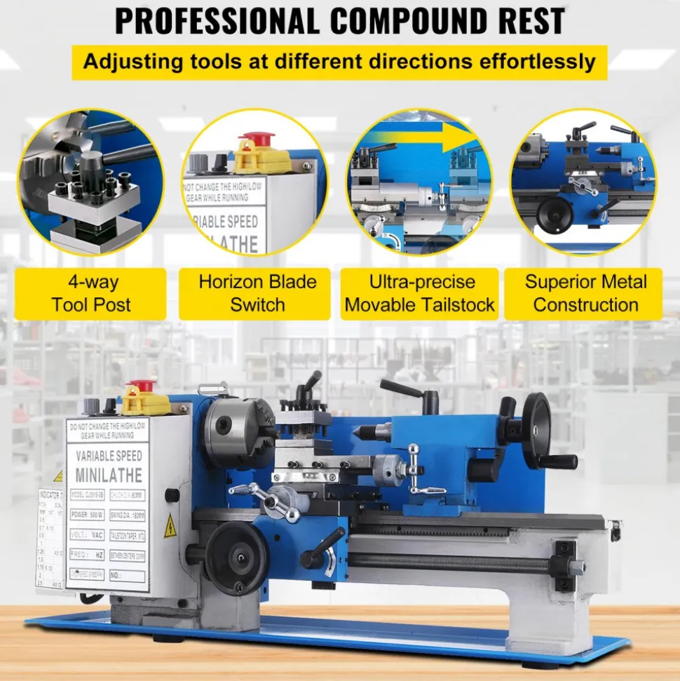 VEVOR 7x12" 400W Precision Mini Metal Lathe Variable Speed 2250RPM