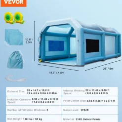 VEVOR 26x15x11ft Inflatable Paint Booth, Inflatable Spray Booth, High Powerful 750W+950W Blowers Spray Booth Tent, Car Paint Tent Air Filter System for Car Parking Tent Workstation Motorcycle Garage