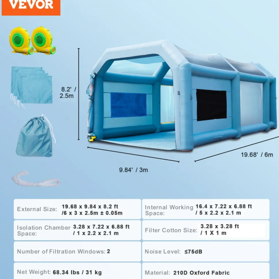 VEVOR 20x10x8ft Inflatable Paint Booth, Inflatable Spray Booth, High Powerful 480W+750W Blowers Spray Booth Tent, Car Paint Tent Air Filter System for Car Parking Tent Workstation Motorcycle Garage