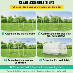 VEVOR 12 x 7 x 7 ft Walk-in Tunnel Greenhouse, Portable Plant Hot House with Galvanized Steel Hoops, 1 Top Beams, 2 Diagonal Poles, 1 Zippered Door & 6 Roll-up Windows, Green