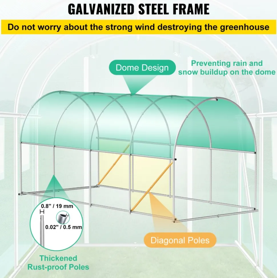 VEVOR 12 x 7 x 7 ft Walk-in Tunnel Greenhouse, Portable Plant Hot House with Galvanized Steel Hoops, 1 Top Beams, 2 Diagonal Poles, 1 Zippered Door & 6 Roll-up Windows, Green