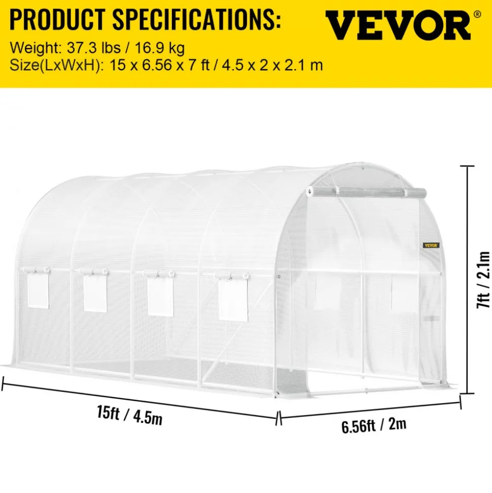 VEVOR 12 x 7 x 7 ft Walk-in Tunnel Greenhouse, Portable Plant Hot House with Galvanized Steel Hoops, 1 Top Beams, 2 Diagonal Poles, 1 Zippered Door & 6 Roll-up Windows, Green