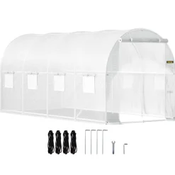 VEVOR 12 x 7 x 7 ft Walk-in Tunnel Greenhouse, Portable Plant Hot House with Galvanized Steel Hoops, 1 Top Beams, 2 Diagonal Poles, 1 Zippered Door & 6 Roll-up Windows, Green