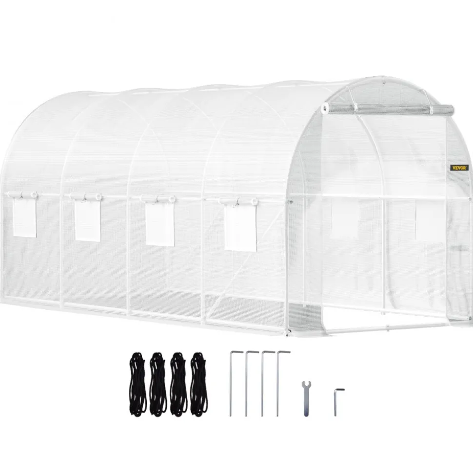 VEVOR 12 x 7 x 7 ft Walk-in Tunnel Greenhouse, Portable Plant Hot House with Galvanized Steel Hoops, 1 Top Beams, 2 Diagonal Poles, 1 Zippered Door & 6 Roll-up Windows, Green