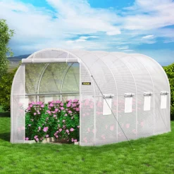 VEVOR 12 x 7 x 7 ft Walk-in Tunnel Greenhouse, Portable Plant Hot House with Galvanized Steel Hoops, 1 Top Beams, 2 Diagonal Poles, 1 Zippered Door & 6 Roll-up Windows, Green