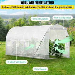 VEVOR 12 x 7 x 7 ft Walk-in Tunnel Greenhouse, Portable Plant Hot House with Galvanized Steel Hoops, 1 Top Beams, 2 Diagonal Poles, 1 Zippered Door & 6 Roll-up Windows, Green