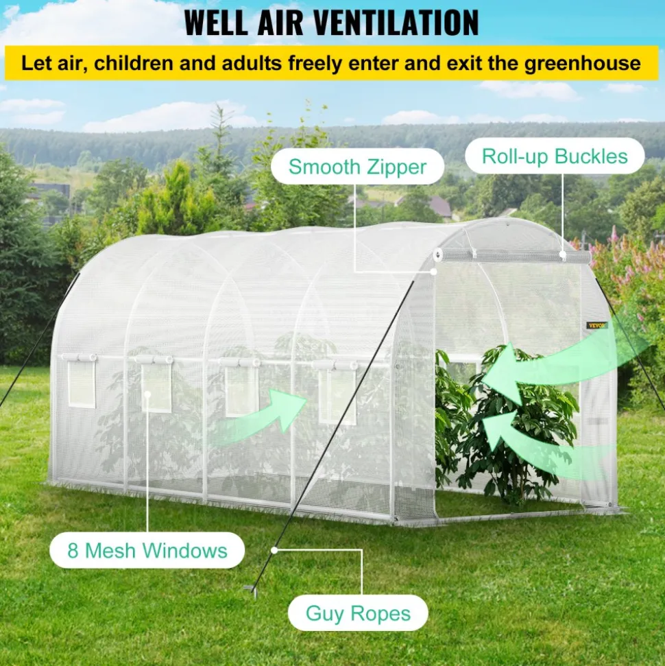 VEVOR 12 x 7 x 7 ft Walk-in Tunnel Greenhouse, Portable Plant Hot House with Galvanized Steel Hoops, 1 Top Beams, 2 Diagonal Poles, 1 Zippered Door & 6 Roll-up Windows, Green