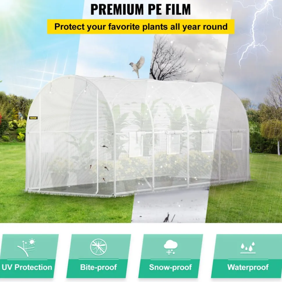 VEVOR 12 x 7 x 7 ft Walk-in Tunnel Greenhouse, Portable Plant Hot House with Galvanized Steel Hoops, 1 Top Beams, 2 Diagonal Poles, 1 Zippered Door & 6 Roll-up Windows, Green