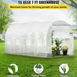 VEVOR 12 x 7 x 7 ft Walk-in Tunnel Greenhouse, Portable Plant Hot House with Galvanized Steel Hoops, 1 Top Beams, 2 Diagonal Poles, 1 Zippered Door & 6 Roll-up Windows, Green