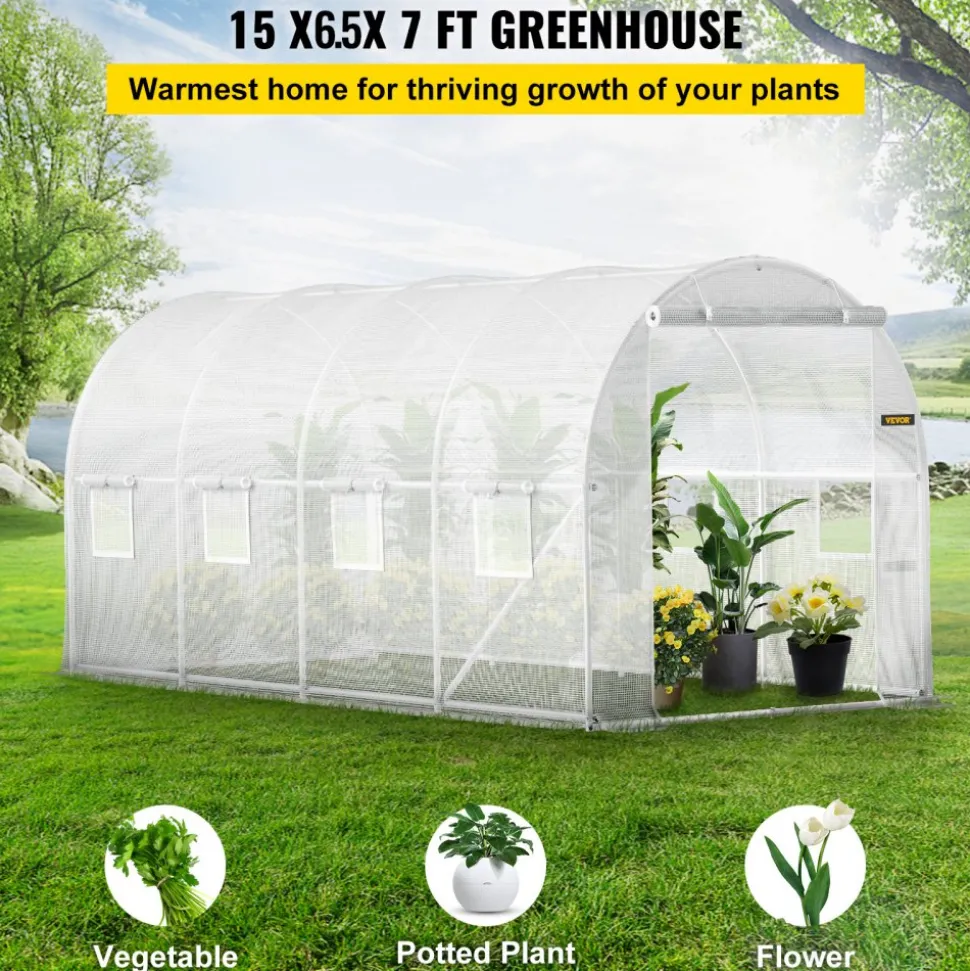 VEVOR 12 x 7 x 7 ft Walk-in Tunnel Greenhouse, Portable Plant Hot House with Galvanized Steel Hoops, 1 Top Beams, 2 Diagonal Poles, 1 Zippered Door & 6 Roll-up Windows, Green