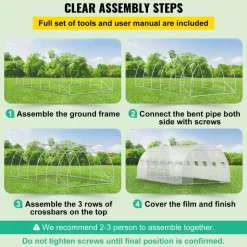 VEVOR 20 x 10 x 7 ft Walk-in Tunnel Greenhouse, Portable Plant Hot House with Galvanized Steel Hoops, 3 Top Beams, Diagonal Poles, 2 Zippered Doors & 12 Roll-up Windows, White