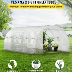 VEVOR 20 x 10 x 7 ft Walk-in Tunnel Greenhouse, Portable Plant Hot House with Galvanized Steel Hoops, 3 Top Beams, Diagonal Poles, 2 Zippered Doors & 12 Roll-up Windows, White
