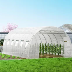 VEVOR 20 x 10 x 7 ft Walk-in Tunnel Greenhouse, Portable Plant Hot House with Galvanized Steel Hoops, 3 Top Beams, Diagonal Poles, 2 Zippered Doors & 12 Roll-up Windows, White