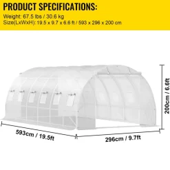 VEVOR 20 x 10 x 7 ft Walk-in Tunnel Greenhouse, Portable Plant Hot House with Galvanized Steel Hoops, 3 Top Beams, Diagonal Poles, 2 Zippered Doors & 12 Roll-up Windows, White