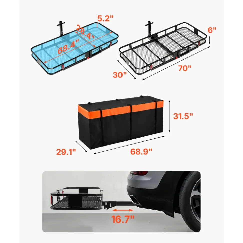 VEVOR 60" x 24" x 14", Hitch Cargo Carrier, 500 lbs Capacity Hitch Cargo Carrier with Cargo Net & Waterproof Cargo Bag, Folding Hitch Mount Cargo Carrier with Reflective Reminder, Fit for SUVs