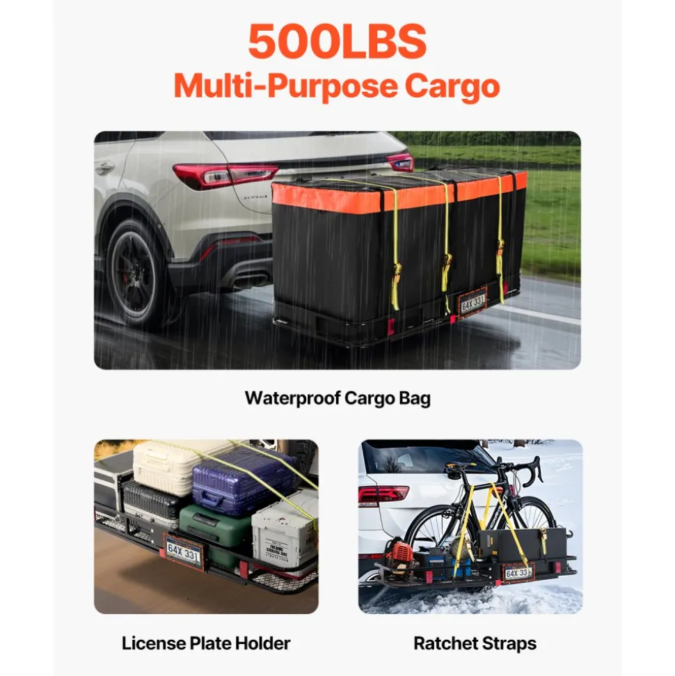 VEVOR 60" x 24" x 14", Hitch Cargo Carrier, 500 lbs Capacity Hitch Cargo Carrier with Cargo Net & Waterproof Cargo Bag, Folding Hitch Mount Cargo Carrier with Reflective Reminder, Fit for SUVs