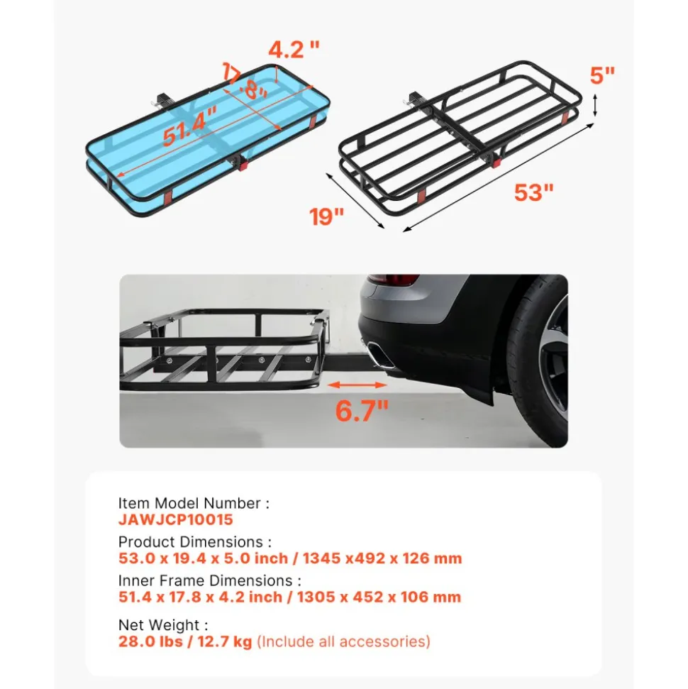 VEVOR 53" x 19" x 5", Hitch Cargo Carrier, 500 lbs Capacity Hitch Cargo Carrier with Hitch Stabilizer & Ratchet Straps, Hitch Mount Cargo Carrier with Cargo Net with Hook, Fit for SUVs