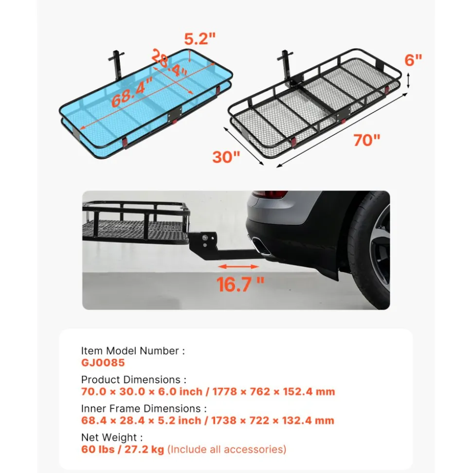 VEVOR 70" x 30" x 6", Hitch Cargo Carrier, 500 lbs Capacity Hitch Cargo Carrier with Nighttime Reflective Reminder, Folding Hitch Mount Cargo Carrier with Hitch Lock for 2" Receiver, Fit for SUVs