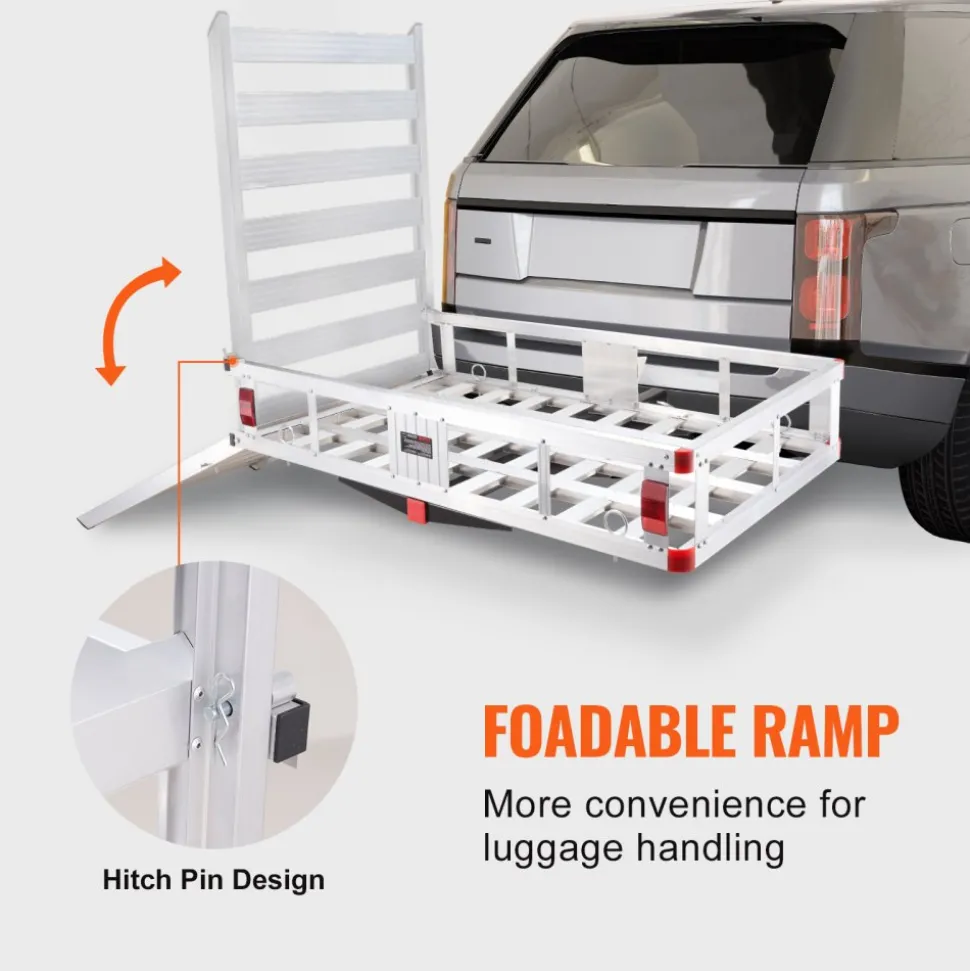 VEVOR 50 x 29.5 x 8.7 inch Hitch Cargo Carrier, 500lbs Capacity Trailer Hitch Mounted Cargo Basket, Aluminum Luggage Carrier Rack with Folding Ramp, Fits 2" Hitch Receiver for SUV Truck Pickup Camping