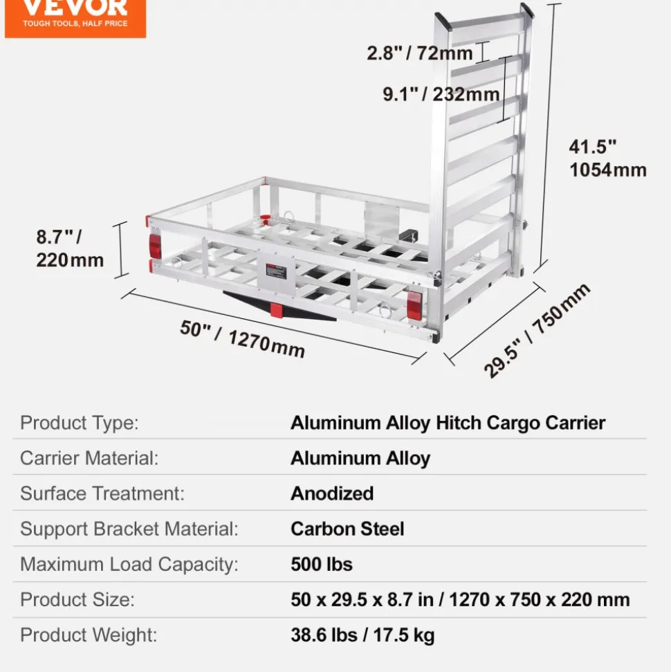 VEVOR 50 x 29.5 x 8.7 inch Hitch Cargo Carrier, 500lbs Capacity Trailer Hitch Mounted Cargo Basket, Aluminum Luggage Carrier Rack with Folding Ramp, Fits 2" Hitch Receiver for SUV Truck Pickup Camping