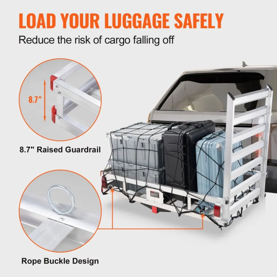 VEVOR 50 x 29.5 x 8.7 inch Hitch Cargo Carrier, 500lbs Capacity Trailer Hitch Mounted Cargo Basket, Aluminum Luggage Carrier Rack with Folding Ramp, Fits 2" Hitch Receiver for SUV Truck Pickup Camping