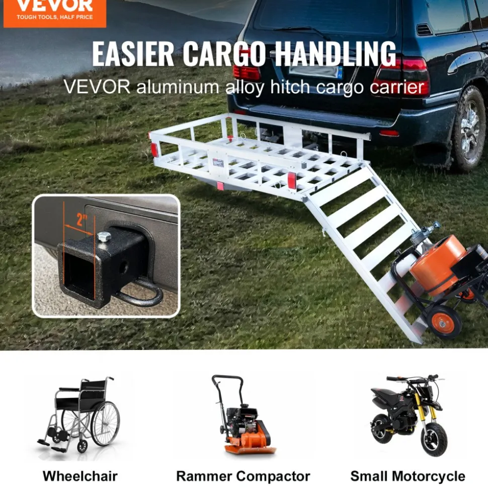 VEVOR 50 x 29.5 x 8.7 inch Hitch Cargo Carrier, 500lbs Capacity Trailer Hitch Mounted Cargo Basket, Aluminum Luggage Carrier Rack with Folding Ramp, Fits 2" Hitch Receiver for SUV Truck Pickup Camping