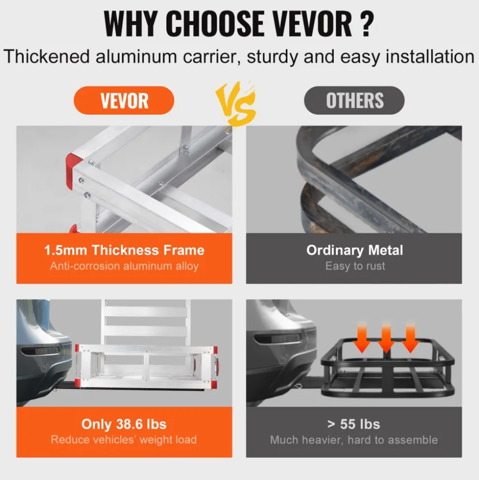 VEVOR 50 x 29.5 x 8.7 inch Hitch Cargo Carrier, 500lbs Capacity Trailer Hitch Mounted Cargo Basket, Aluminum Luggage Carrier Rack with Folding Ramp, Fits 2" Hitch Receiver for SUV Truck Pickup Camping