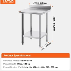 VEVOR 24 x 24 x 35 Inch Stainless Steel Work Table, Commercial Food Prep Worktable Heavy Duty Prep Worktable, Metal Work Table with Adjustable Height for Restaurant, Home and Hotel