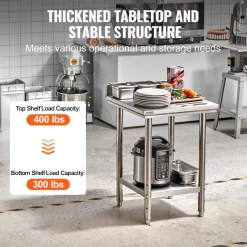 VEVOR 24 x 24 x 35 Inch Stainless Steel Work Table, Commercial Food Prep Worktable Heavy Duty Prep Worktable, Metal Work Table with Adjustable Height for Restaurant, Home and Hotel