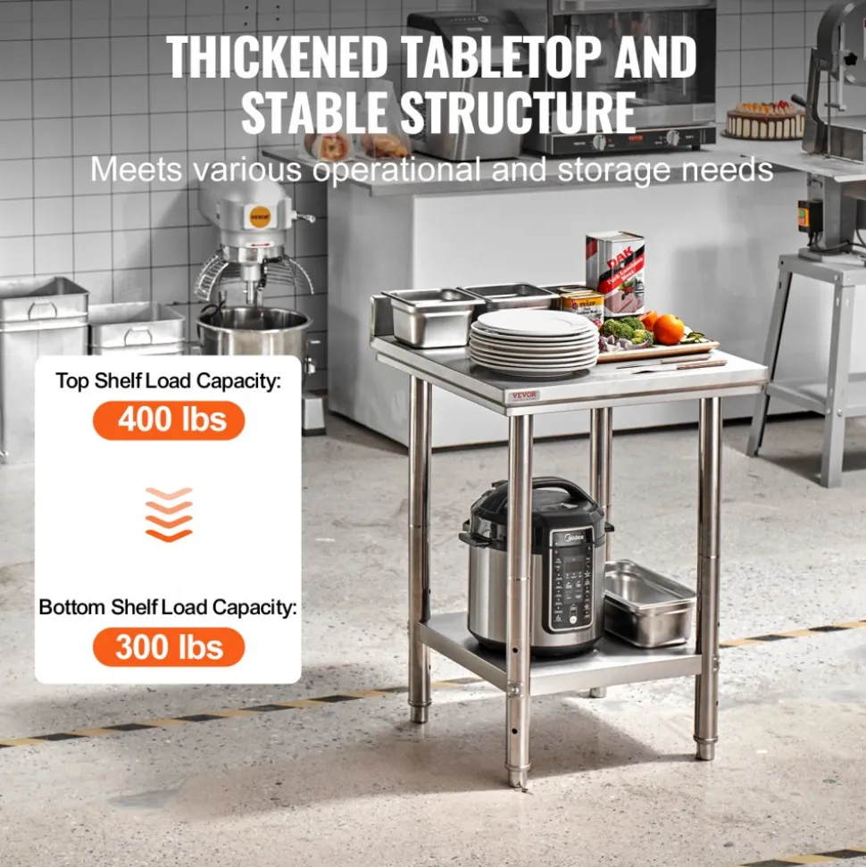 VEVOR 24 x 24 x 35 Inch Stainless Steel Work Table, Commercial Food Prep Worktable Heavy Duty Prep Worktable, Metal Work Table with Adjustable Height for Restaurant, Home and Hotel