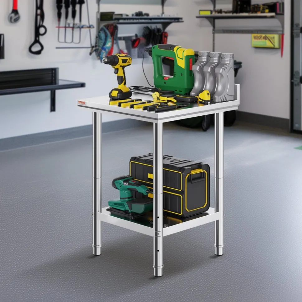 VEVOR 24 x 24 x 35 Inch Stainless Steel Work Table, Commercial Food Prep Worktable Heavy Duty Prep Worktable, Metal Work Table with Adjustable Height for Restaurant, Home and Hotel