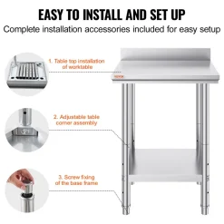 VEVOR 24 x 24 x 35 Inch Stainless Steel Work Table, Commercial Food Prep Worktable Heavy Duty Prep Worktable, Metal Work Table with Adjustable Height for Restaurant, Home and Hotel