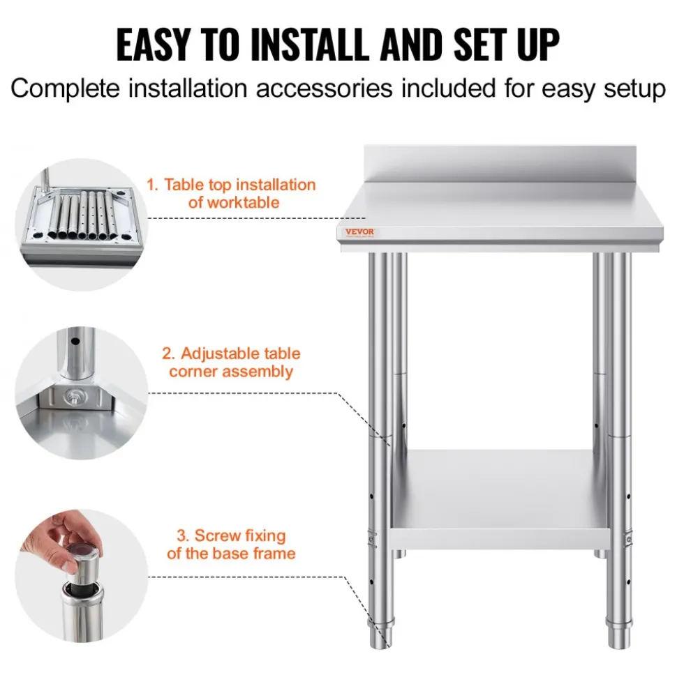 VEVOR 24 x 24 x 35 Inch Stainless Steel Work Table, Commercial Food Prep Worktable Heavy Duty Prep Worktable, Metal Work Table with Adjustable Height for Restaurant, Home and Hotel