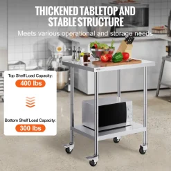 VEVOR 24 x 30 x 40 Inch Stainless Steel Work Table, Commercial Food Prep Worktable with Casters, Heavy Duty Prep Worktable, Metal Work Table with Adjustable Height for Restaurant, Home and Hotel