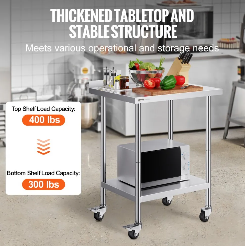 VEVOR 24 x 30 x 40 Inch Stainless Steel Work Table, Commercial Food Prep Worktable with Casters, Heavy Duty Prep Worktable, Metal Work Table with Adjustable Height for Restaurant, Home and Hotel