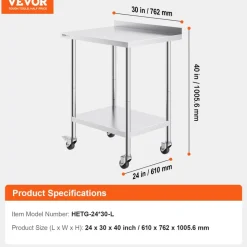 VEVOR 24 x 30 x 40 Inch Stainless Steel Work Table, Commercial Food Prep Worktable with Casters, Heavy Duty Prep Worktable, Metal Work Table with Adjustable Height for Restaurant, Home and Hotel