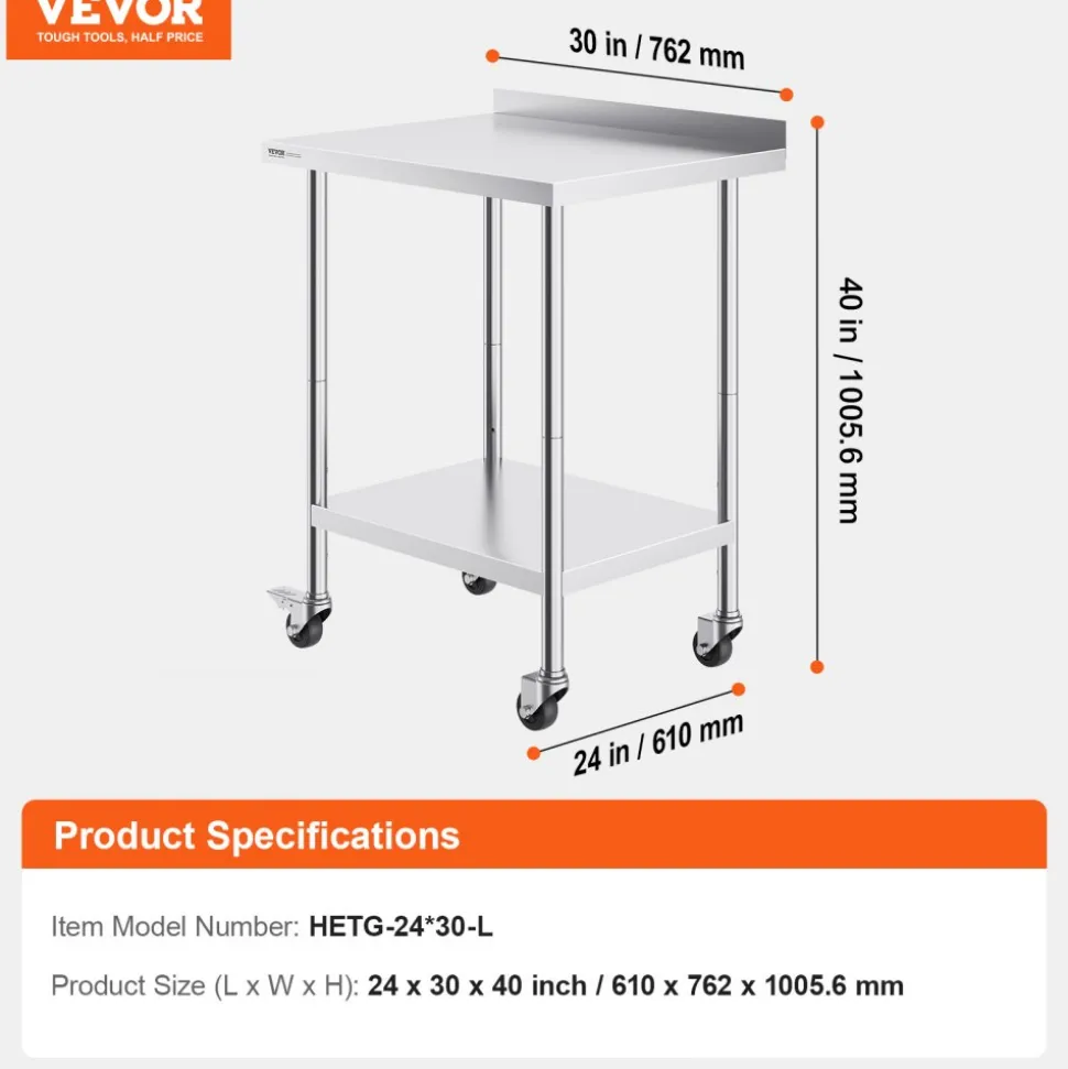 VEVOR 24 x 30 x 40 Inch Stainless Steel Work Table, Commercial Food Prep Worktable with Casters, Heavy Duty Prep Worktable, Metal Work Table with Adjustable Height for Restaurant, Home and Hotel
