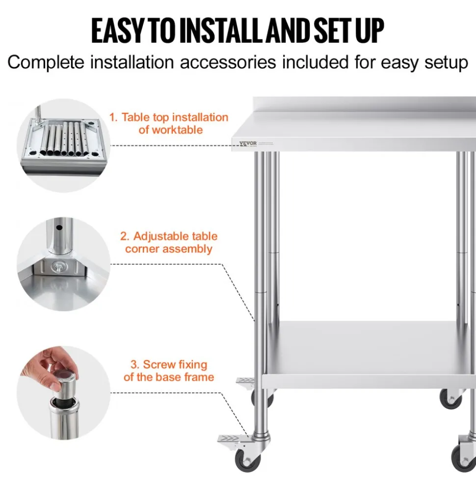 VEVOR 24 x 30 x 40 Inch Stainless Steel Work Table, Commercial Food Prep Worktable with Casters, Heavy Duty Prep Worktable, Metal Work Table with Adjustable Height for Restaurant, Home and Hotel