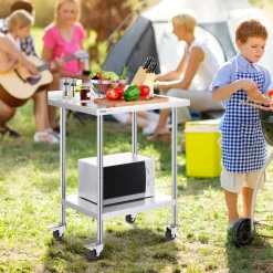 VEVOR 24 x 30 x 40 Inch Stainless Steel Work Table, Commercial Food Prep Worktable with Casters, Heavy Duty Prep Worktable, Metal Work Table with Adjustable Height for Restaurant, Home and Hotel