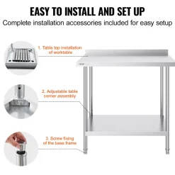 VEVOR 24 x 36 x 36 Inch Stainless Steel Work Table, Commercial Food Prep Worktable Heavy Duty Prep Worktable, Metal Work Table with Adjustable Height for Restaurant, Home and Hotel