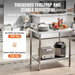 VEVOR 24 x 36 x 36 Inch Stainless Steel Work Table, Commercial Food Prep Worktable Heavy Duty Prep Worktable, Metal Work Table with Adjustable Height for Restaurant, Home and Hotel