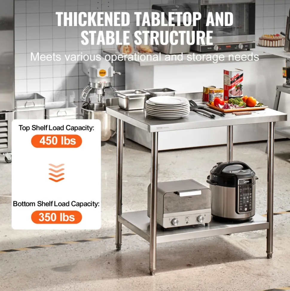VEVOR 24 x 36 x 36 Inch Stainless Steel Work Table, Commercial Food Prep Worktable Heavy Duty Prep Worktable, Metal Work Table with Adjustable Height for Restaurant, Home and Hotel