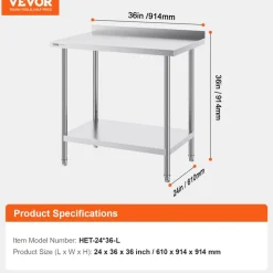 VEVOR 24 x 36 x 36 Inch Stainless Steel Work Table, Commercial Food Prep Worktable Heavy Duty Prep Worktable, Metal Work Table with Adjustable Height for Restaurant, Home and Hotel