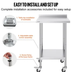 VEVOR 24 x 24 x 40 Inch Stainless Steel Work Table, Commercial Food Prep Worktable with Casters, Heavy Duty Prep Worktable, Metal Work Table with Adjustable Height for Restaurant, Home and Hotel