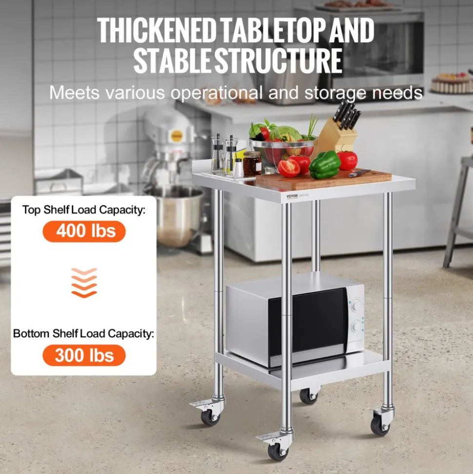 VEVOR 24 x 24 x 40 Inch Stainless Steel Work Table, Commercial Food Prep Worktable with Casters, Heavy Duty Prep Worktable, Metal Work Table with Adjustable Height for Restaurant, Home and Hotel
