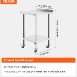 VEVOR 24 x 24 x 40 Inch Stainless Steel Work Table, Commercial Food Prep Worktable with Casters, Heavy Duty Prep Worktable, Metal Work Table with Adjustable Height for Restaurant, Home and Hotel