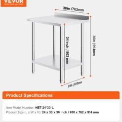 VEVOR 24 x 30 x 36 Inch Stainless Steel Work Table, Commercial Food Prep Worktable Heavy Duty Prep Worktable, Metal Work Table with Adjustable Height for Restaurant, Home and Hotel