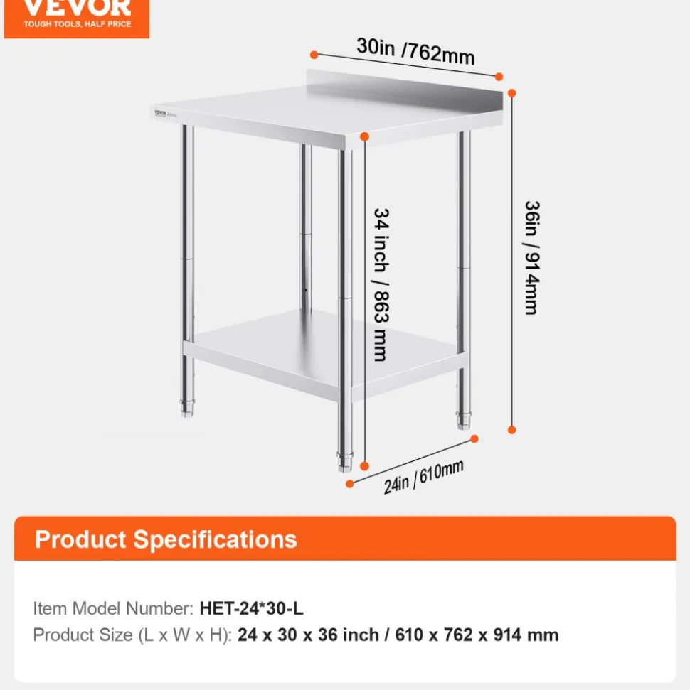 VEVOR 24 x 30 x 36 Inch Stainless Steel Work Table, Commercial Food Prep Worktable Heavy Duty Prep Worktable, Metal Work Table with Adjustable Height for Restaurant, Home and Hotel