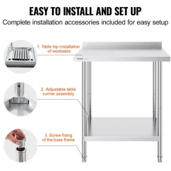 VEVOR 24 x 30 x 36 Inch Stainless Steel Work Table, Commercial Food Prep Worktable Heavy Duty Prep Worktable, Metal Work Table with Adjustable Height for Restaurant, Home and Hotel