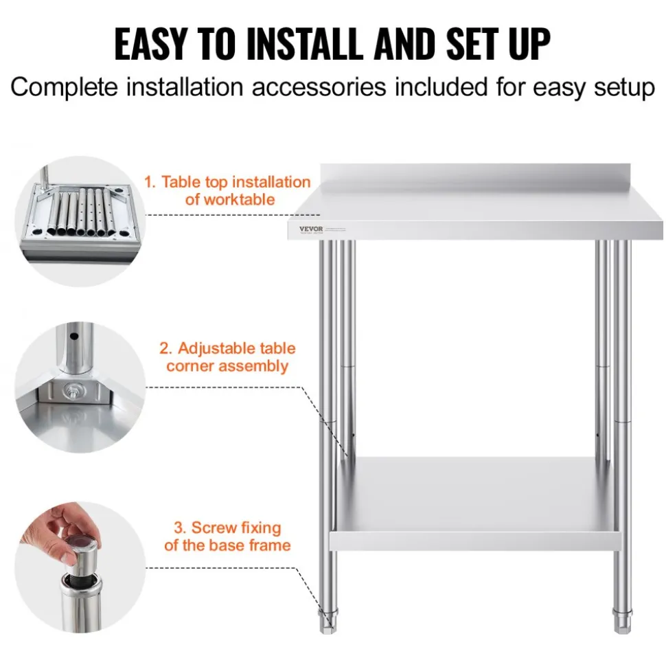 VEVOR 24 x 30 x 36 Inch Stainless Steel Work Table, Commercial Food Prep Worktable Heavy Duty Prep Worktable, Metal Work Table with Adjustable Height for Restaurant, Home and Hotel